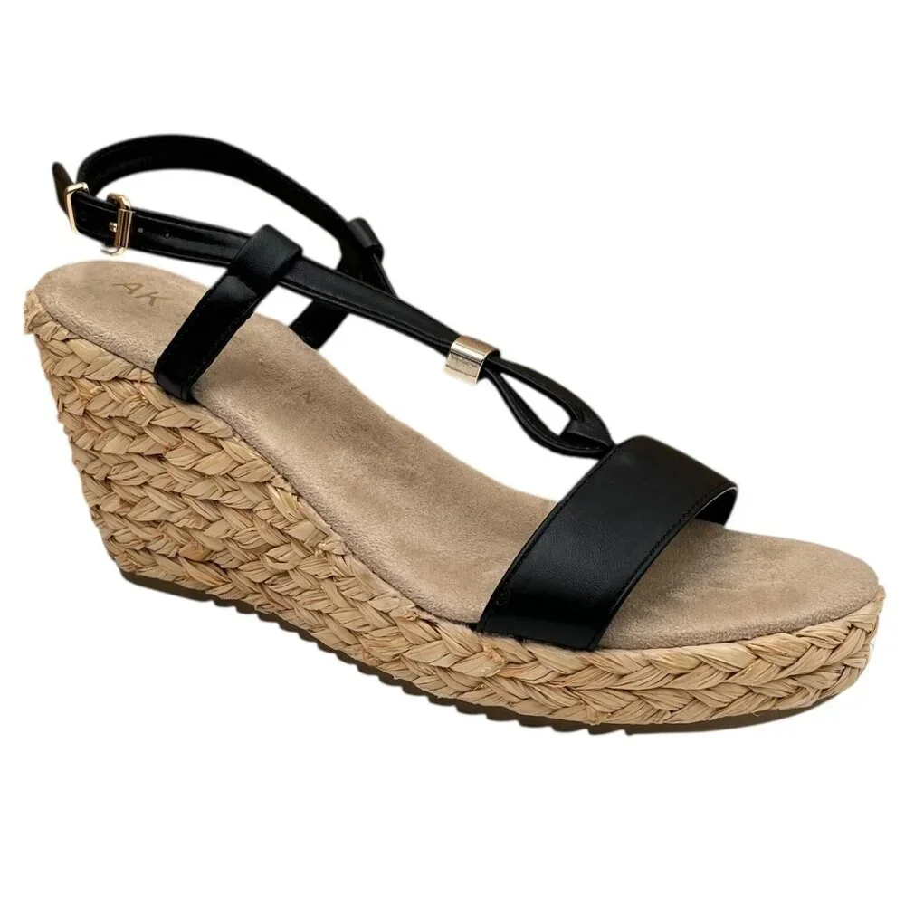 Anne Klein Akwanessa Women’s Espadrille‎ Wedge Sandals Size 9 Black-Tan Strappy